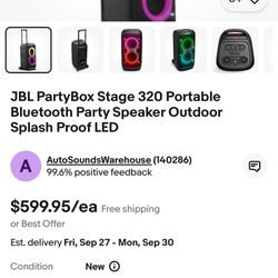 JBL PartyBox Stage 320 Portable Bluetooth Party Speaker Outdoor Splash Proof LED