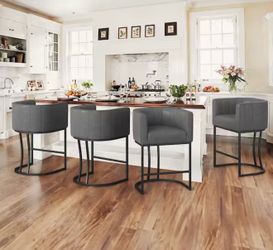 Set Of 4 Siska 26 in.Modern Gray Faux Leather Upholstered Counter Stool with Black Metal Frame Barrel Bar Stool Set of 4