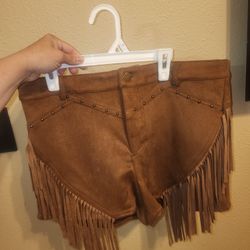 Brown Fringe Western Shorts 