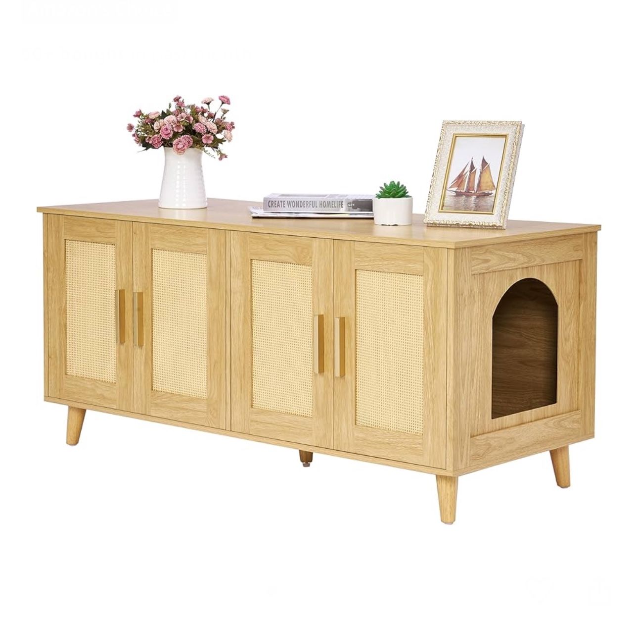 Homhedy Boho Cat Litter Box Enclosure for 2 Cats, Wooden Cat Washroom Furniture with Double Rattan Decorated Doors, Pet House,47.2”L x 19.7”W x 21.7”H