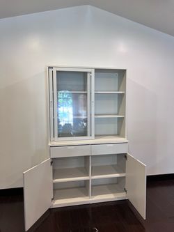 White Storage Cabinet with Glass Sliding Doors and Sideboard Cabinet
