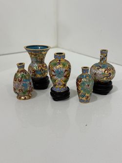 Vintage set of 5  Miniature Cloisonne Enamel Multi Colored Floral Vase Figurine, Gold Tone
