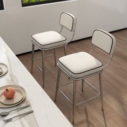 26" Counter Bar Stools, Metal Frame Bar Chairs with Lumbar Support, Modern Counter Height Stools with Footrest, White (Set of 2)