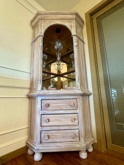 Beautiful lighted white wash, oak corner cabinet