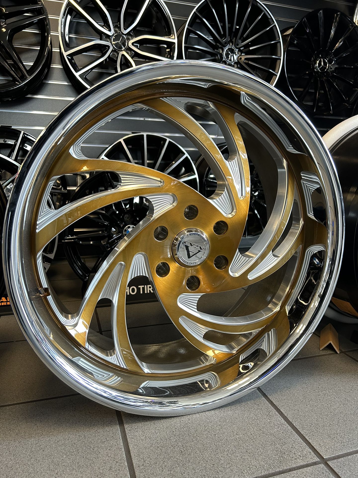 24x10 Azad Drip Rims 6x139.7 Or 6x5.5 Brushed Gold Milled SS Lip