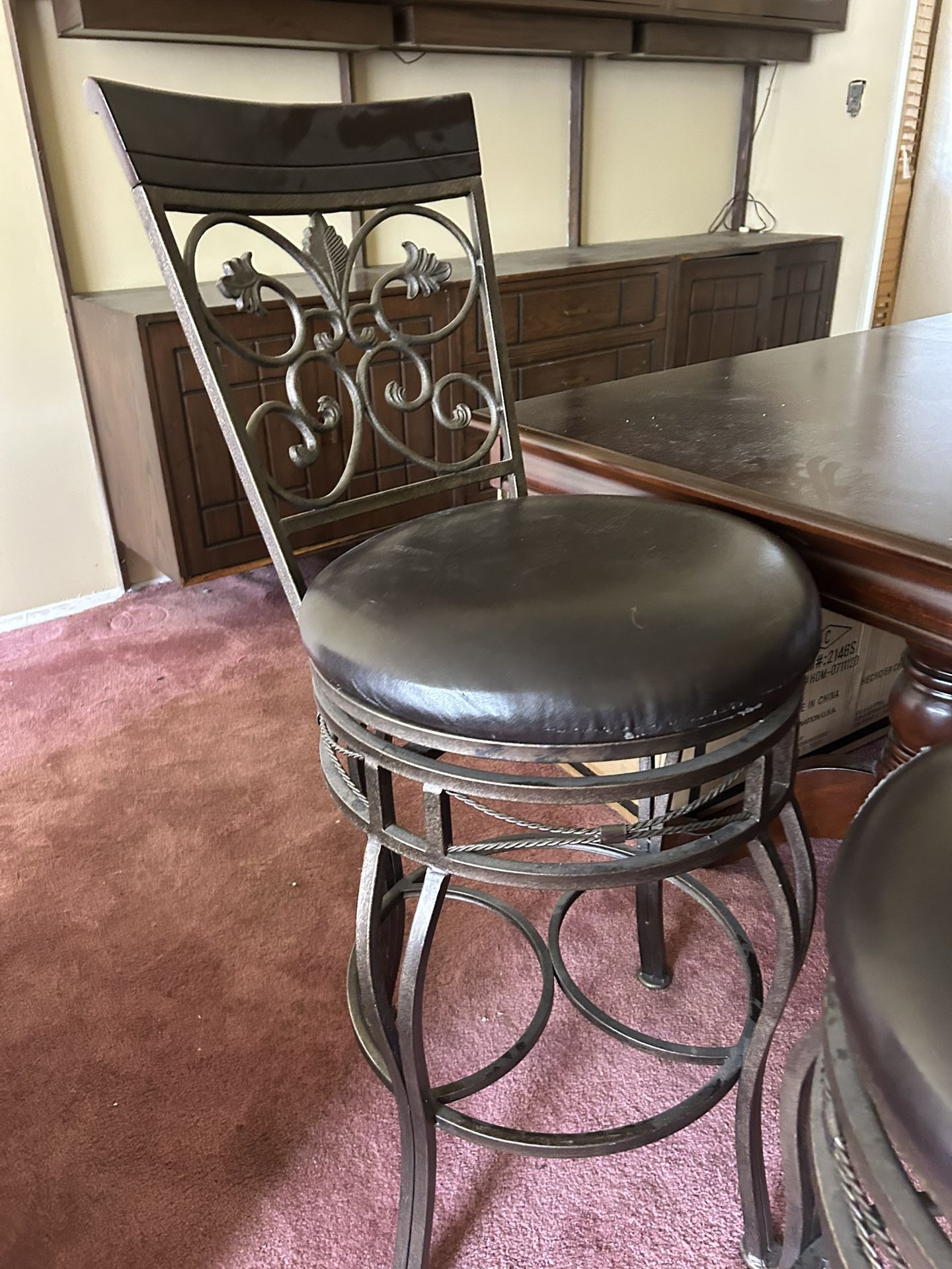 Pair Of Swivel Bar Stools- Metal And Leather