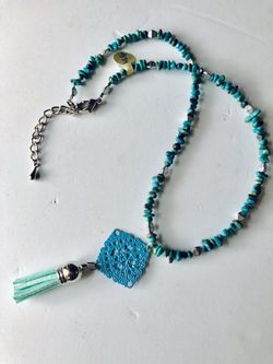 Turquoise gemstone necklace with leather tassel pendant NEW