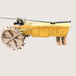 Vintage Nelson Traveling Sprinkler Rain Train Cast Iron Tractor Yellow Farm Lawn Garden