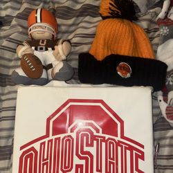 OSU Seat Pillow, Plus A Bengals Beanie And A Browns Memorabilia football player  