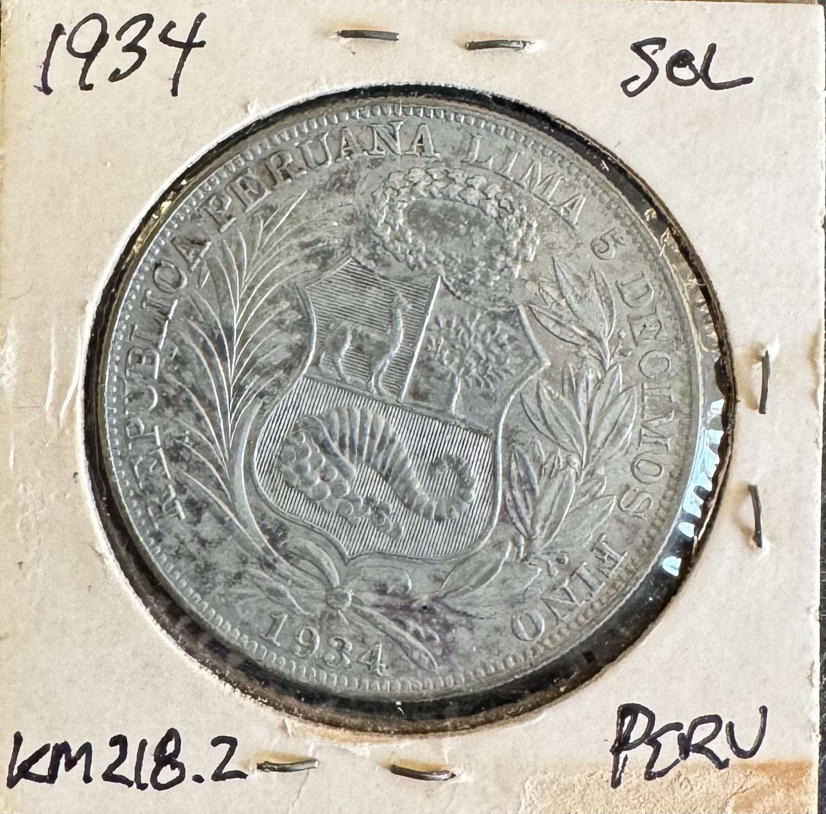1934 1 Sol Peru Silver Coin