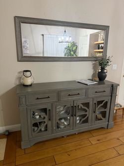 Gray Wood Sideboard Buffet with Glass Doors
