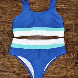 Sunny Blue Colorblock Bralette & Banded High Waist Bikini Set- Size Medium