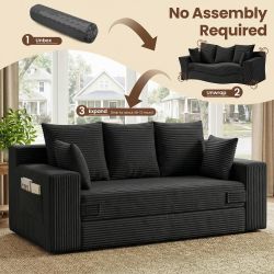 Black Corduroy Sofa with Throw Pillows