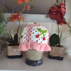 Pink Cherry Crochet Bucket Hat Cute Handmade Summer Hat One Size