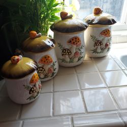 Vtg. Sears & Roebucks Merry Mushroom 4 Piece Cannister Set With Lids