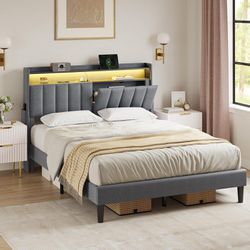 LED Full Size Bed Frame with Storage Headboard,Full Bed Frame with Outlets and USB Ports,Upholstered Platform Bed Frame Full Size with Shelf,Wood Slat