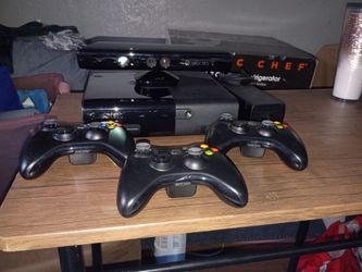 Xbox 360 w/kinect, games, 3 controllers