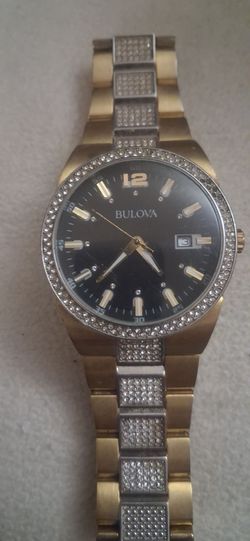 BULOVA 98B235 Gold Tone Stainless Steel Black Dial 323 Crystals Men's Watch