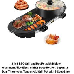 BBQ Grill and Hot Pot with Divider, Aluminum Alloy Electric BBQ Stove Hot Pot, Separate Dual Thermostat Teppanyaki Grill Pot with 5 Speed, for Family 
