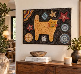 Grandmillennial Primitive Hooked Rug Wall Hanging Yellow Cat Folk Art Handcrafted Tapestry WallArt