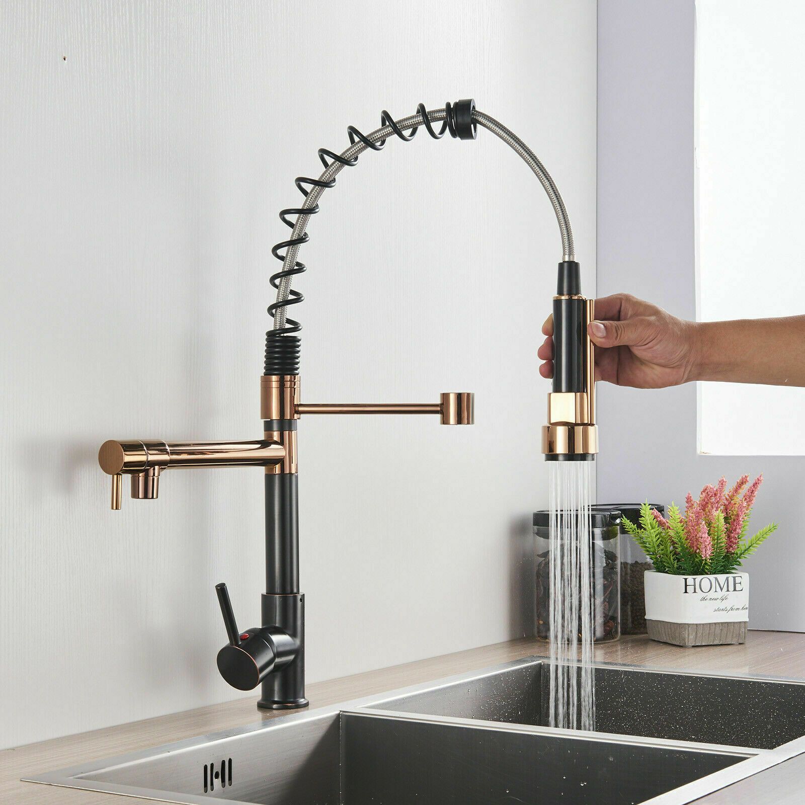 Black+Gold Swivel Kitchen Sink Faucet