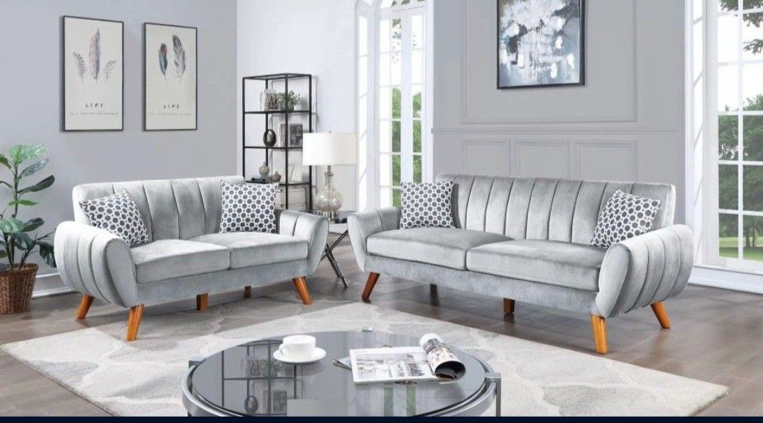 ✅️✅️2 pc light grey velvet fabric mid century modern sofa and love seat set Langley street wooten✅️✅️✅️
