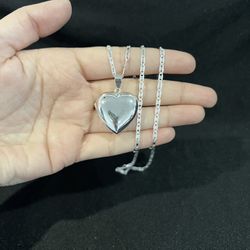925 Sterling Silver Womens Plain Puffy Heart Locket & Valentino Chain