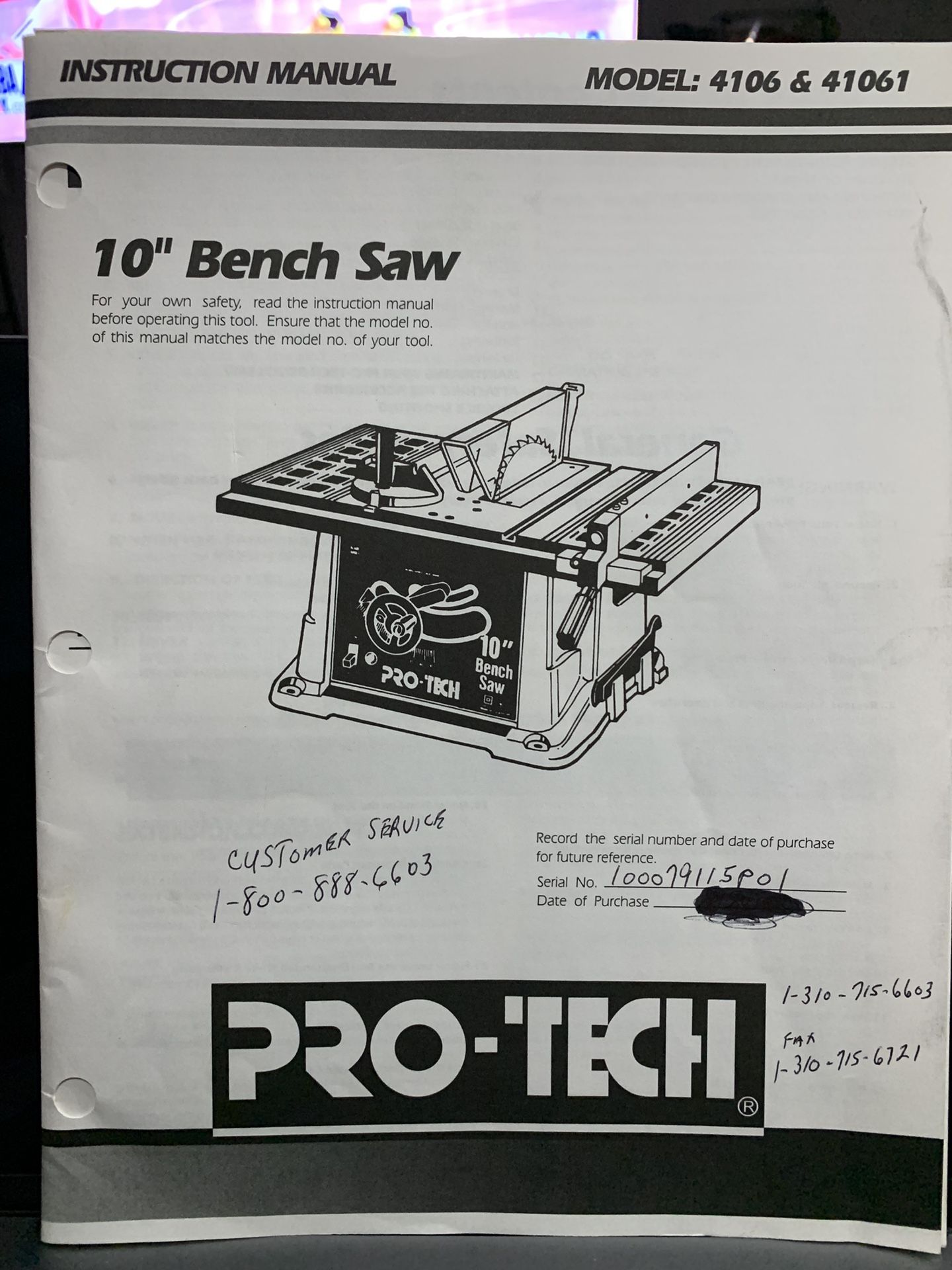 PRO-TECH 10” Bench saw