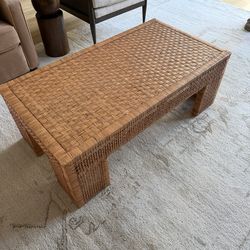 Kathy Kuo Home, Worlds Away Montauk Brown Woven Rattan Rectangular Coffee Table