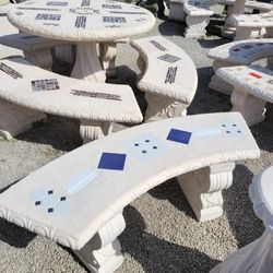 Concrete Mosaic Tile Inlay Curved Benches / Cement Garden Patio Bench / Outdoor Patio Furniture
