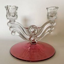 Tiffin-Franciscan King's Crown Ruby Flashed double light candlestick holder. 