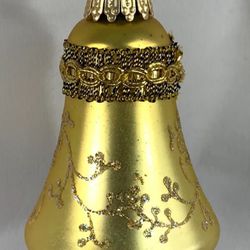 Vintage KREBS Blown Gold  GLASS BELL STENCILED GLITTER Christmas Onament