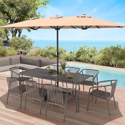 15ft Patio Umbrella with Base Included, Extra Large Shade Area, Double Sided Rectangle with Crank Handle for Poolside, Garden, Yard, Beige