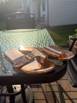 Gold Metallic Slide Sandals with Buckle