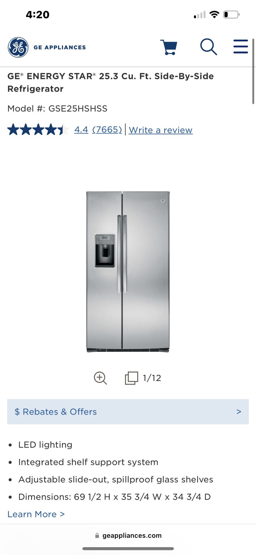 GE ENERGY STAR 25.3 Cu. Ft. SideBySide Refrigerator Model GSE25HSHS