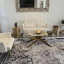 2 seater couch modern with 2 chairs and glass coffee table (white and gold )