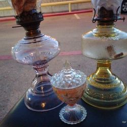 Vtg 1920 And 1950 Oil Lamps W 1950 Candy Jar