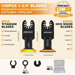100PCS Oscillating Tool Blades, Titanium & HCS Oscillating Saw Blades for Metal/Wood/Plastic Cutting, Curved Edge Multi Tool Blades Compatible with De