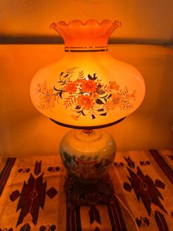 Vintage Hurricane Table Lamp with Floral Glass Shade