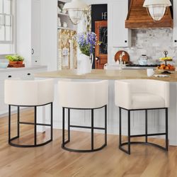 27”H Counter Height Fabric Bar Stools, Beige (Set of 3)