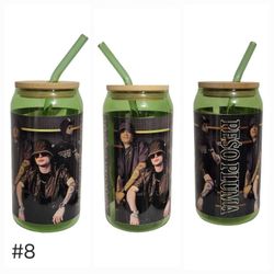 Peso Pluma Green Glass Tumbler Cup 16 oz UV DTF Black Design With Glass Straw