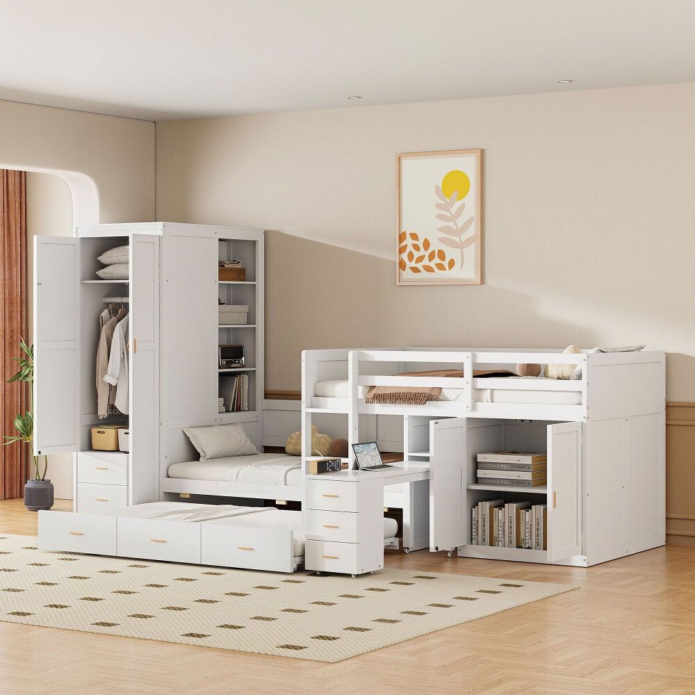 White Twin / Twin Bunk Bed with Trundle / Cabinet /Wardrobe / Desk and Drawers [NEW] Retails For $1400+ ** Assembly Required**