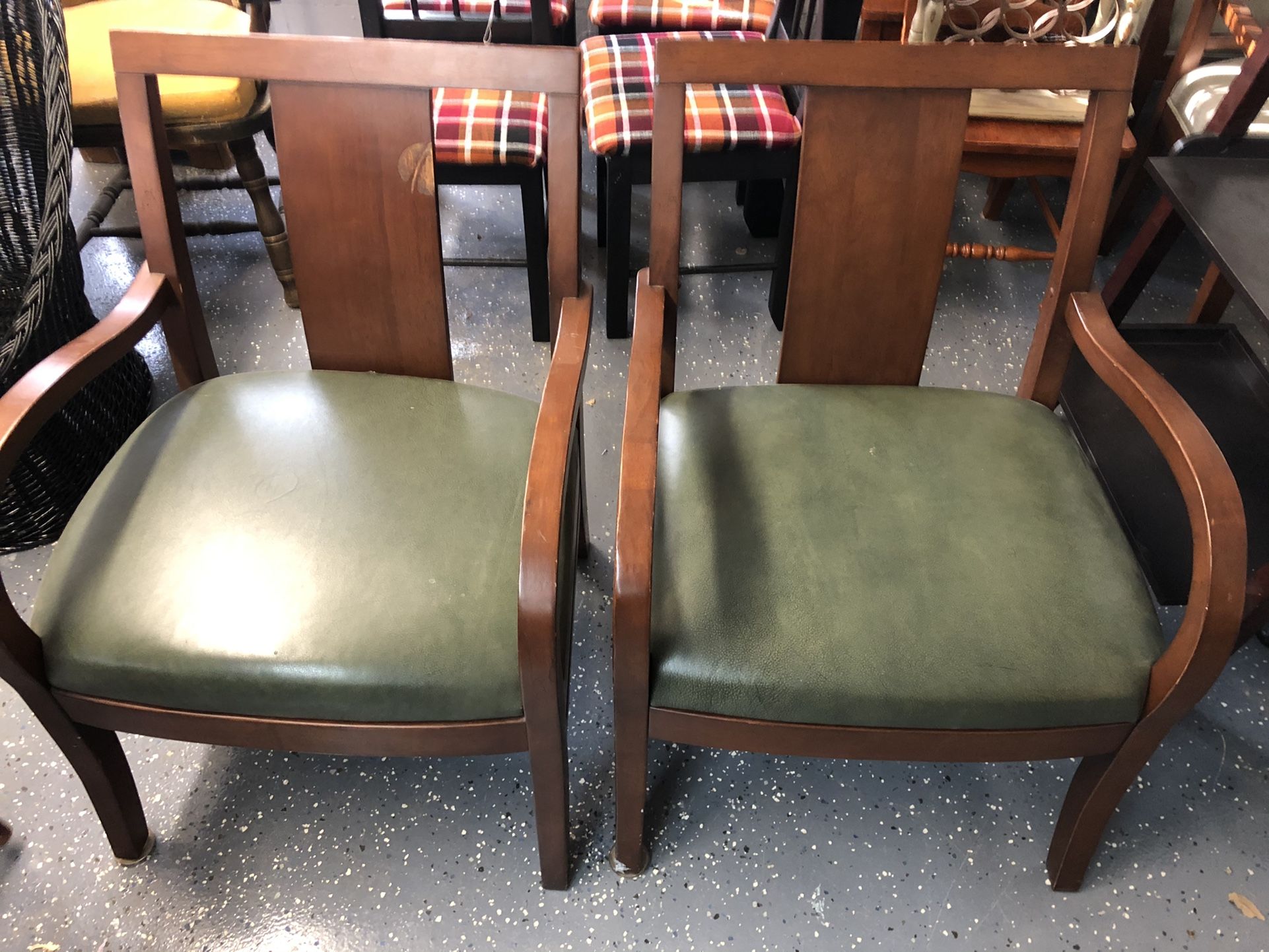 Pair Of Green Leather Armchairs