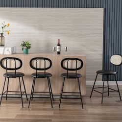 Faux Leather Bar Stools Set of 4,Rattan and Wood Backrest with Metal Legs