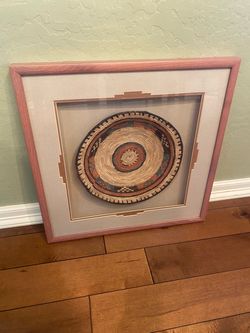 Southwest 23.5 inch large shadow box glass & wood framed woven tribal basket. Stunning wall art.