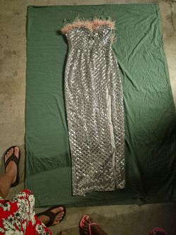 Silver Sequin Strapless Maxi Dress with Feather Trim
