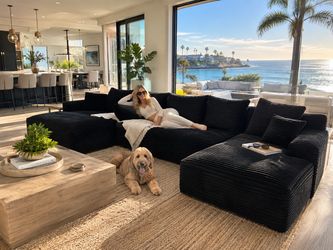 134" Oversized U-Shaped Modular Sectional Sofa, Boneless Cloud Couch with Deep Seat, Cup Holders and Pillows, Modern Corduroy Compressed Couch for Liv
