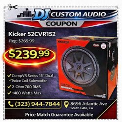 Kicker CVR15 CompVR Series CVR15 15" Dual Voice Coil Subwoofer 1400 Watts 52CVR152 🚨 Payment Options Available 🚨 No Credit Needed 🚨 