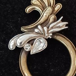 Rare Vintage Sterling Silver & Gold Vermeil Cz Ornate Pin