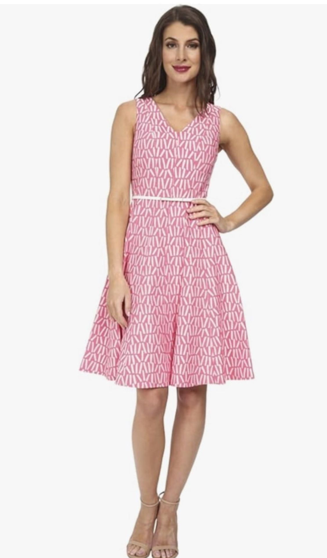 Calvin Klein Sleeveless V Neck Printed Fit and Flare Dress